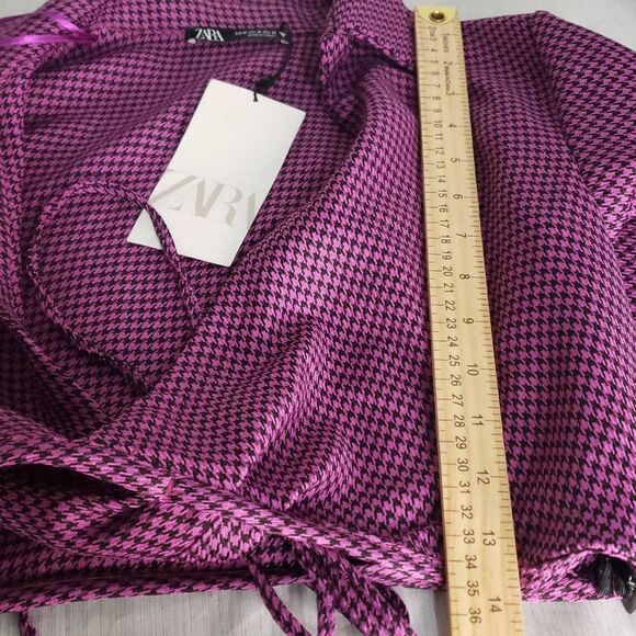 Zara Houndstooth Deep V-neck Long Sleeve Collared Crop Top Size Medium Pink and - Picture 3 of 11